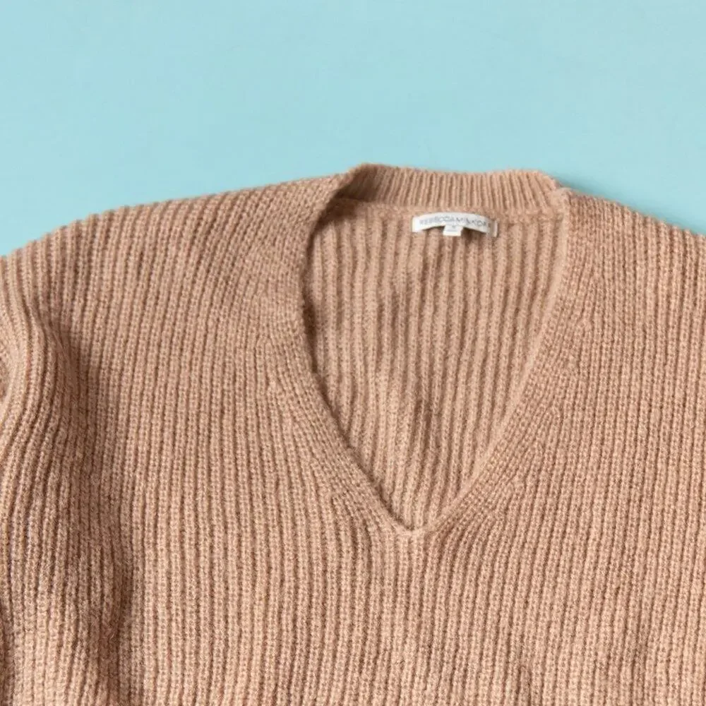 Rebecca Minkoff Remi Tan V-Neck Wool Mohair Knit Sweater Size Small Ribbed - Picture 4 of 10